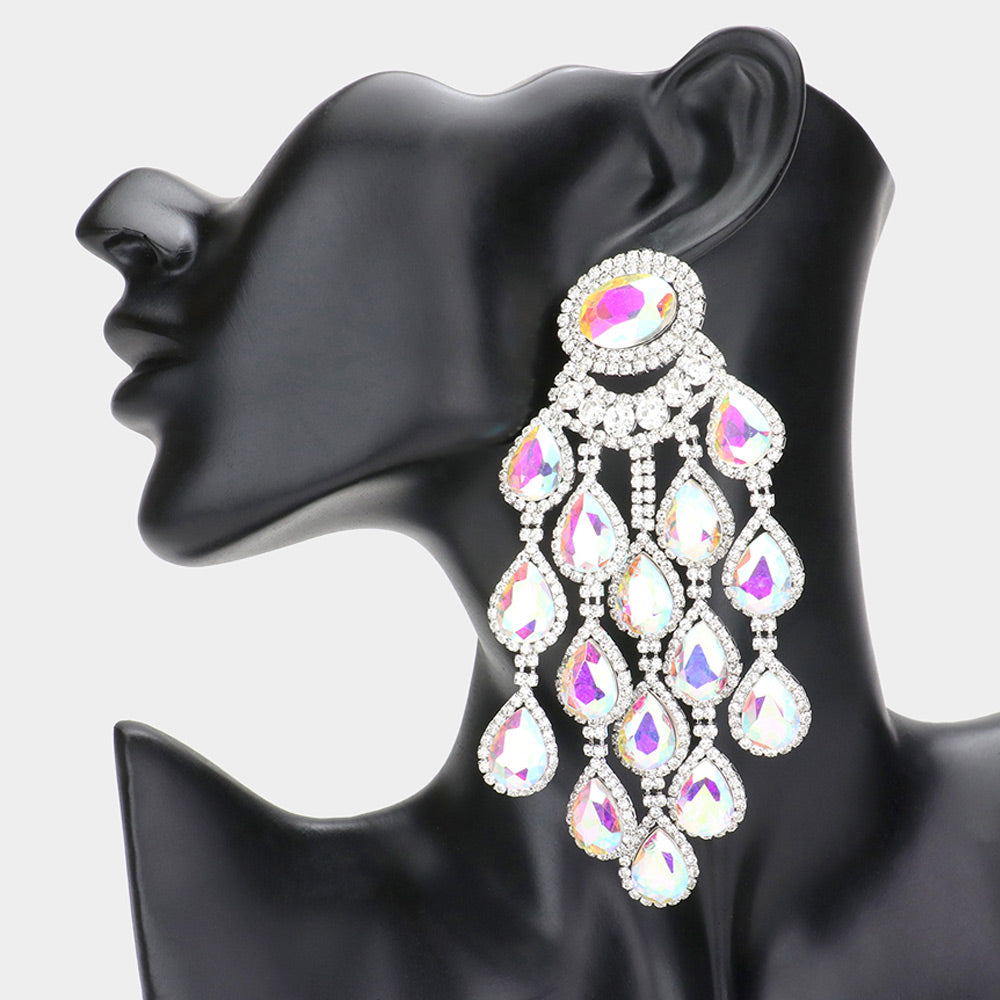 Rhinestone Paved Teardrop Cluster Chandelier Evening Earrings