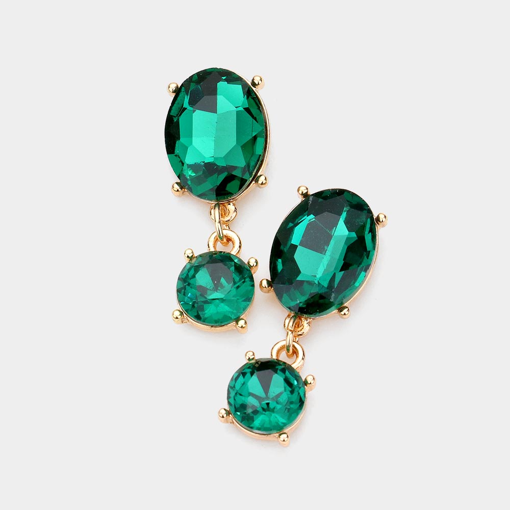 Emerald Oval Round Stone Link Dangle Evening Earrings