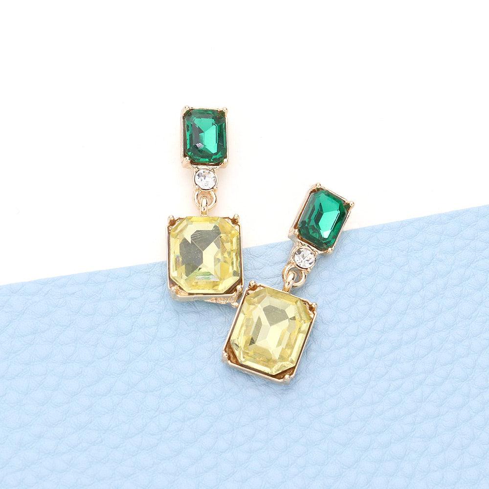 Yellow Emerald Cut Stone Link Dangle Evening Earrings