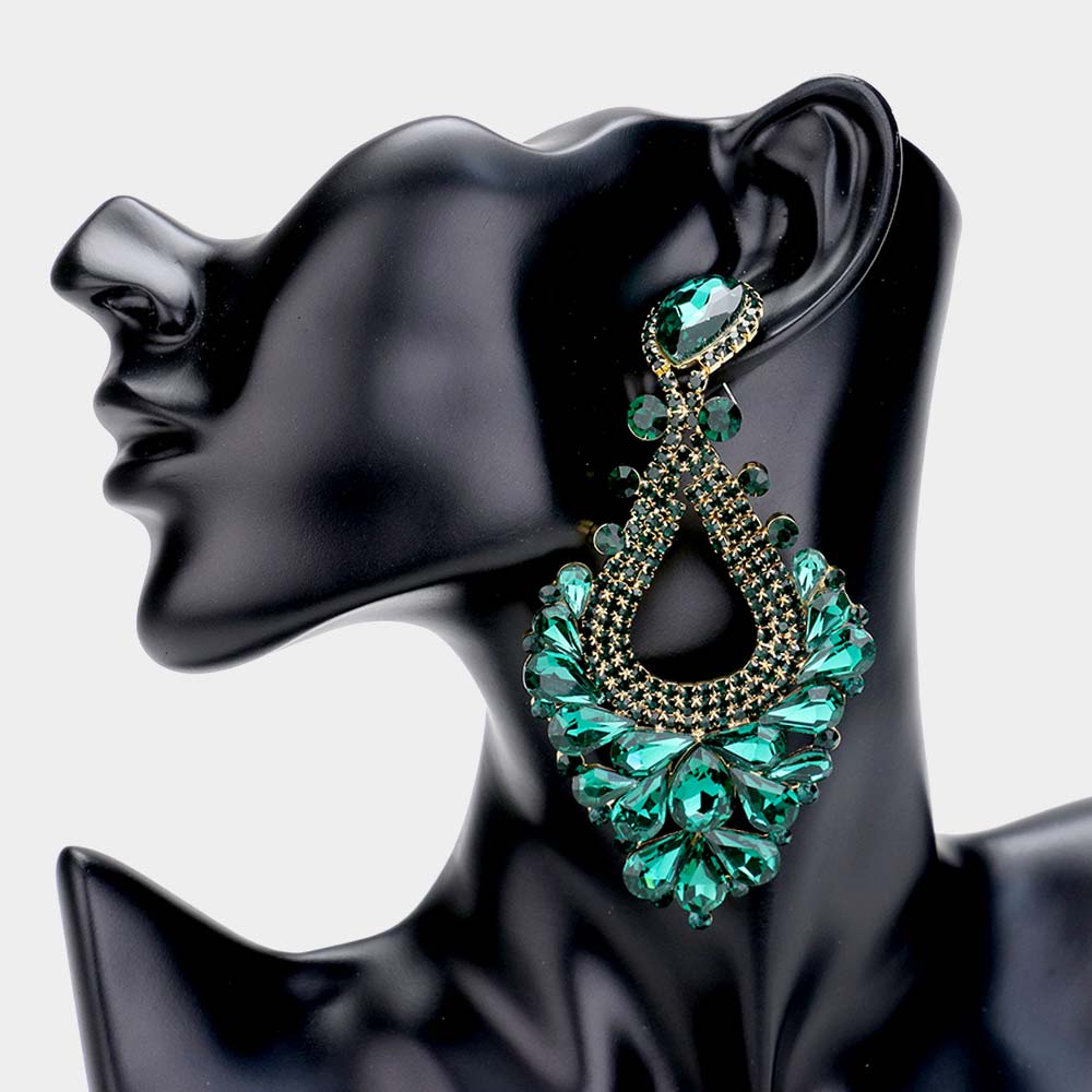 Emerald Pear Crystal Rhinestone Pageant Evening Earrings