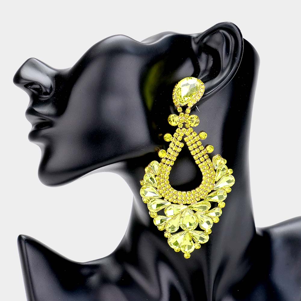 Yellow Pear Crystal Rhinestone Pageant Evening Earrings