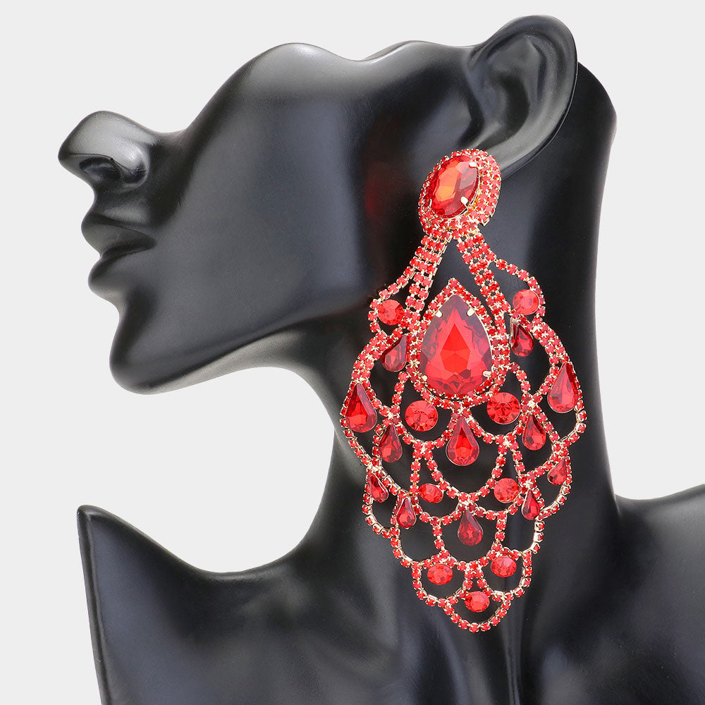 Red Teardrop Stone Pointed Over Sized Chandelier Evening Earrings