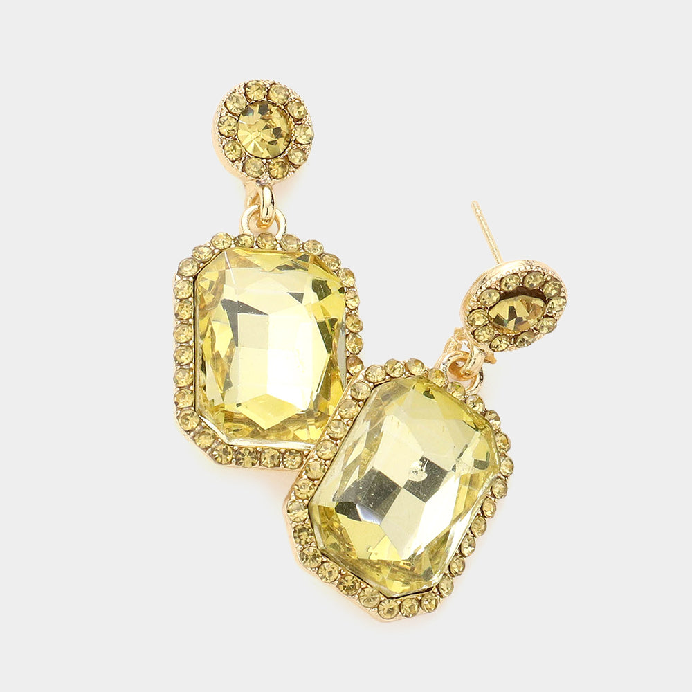 Yellow Rhinestone Rectangle Stone Evening Earrings