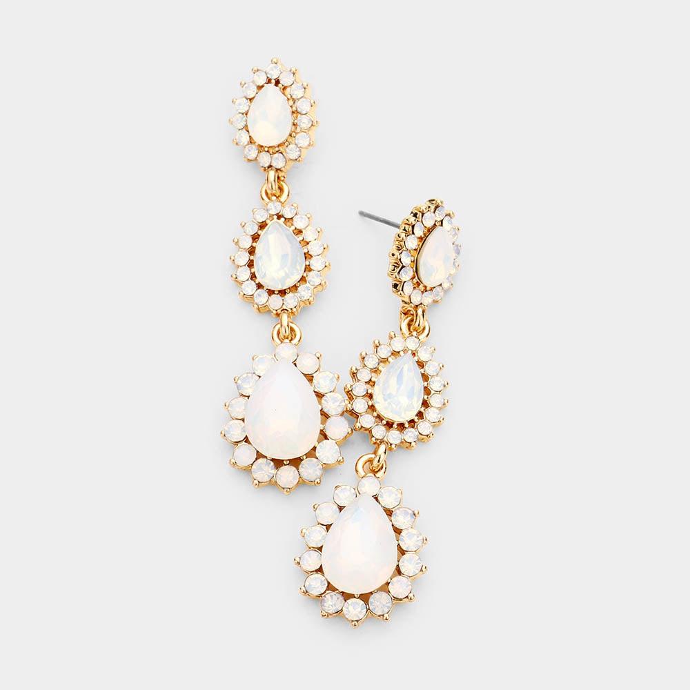 White Glass Crystal Teardrop Evening Earrings