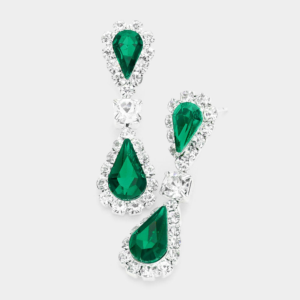 Emerald Double Teardrop Accented Rhinestone Trimmed Dangle Evening Earrings