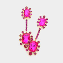 Load image into Gallery viewer, Fuchsia Double Emerald Cut Stone Accented Dangle Evening Earrings
