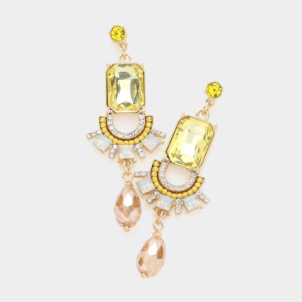 Yellow Emerald Cut Stone Accented Link Dangle Evening Earrings