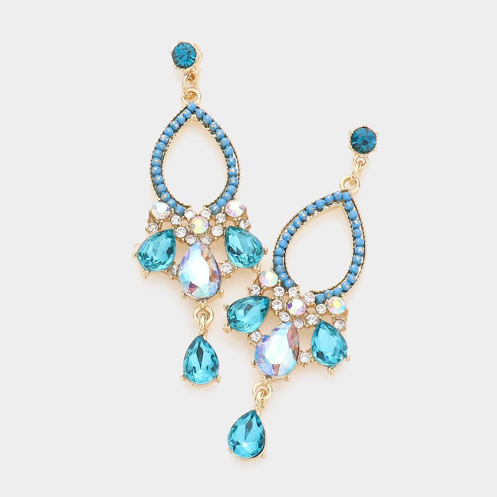 Turquoise Teardrop Stone Accented Link Dangle Evening Earrings