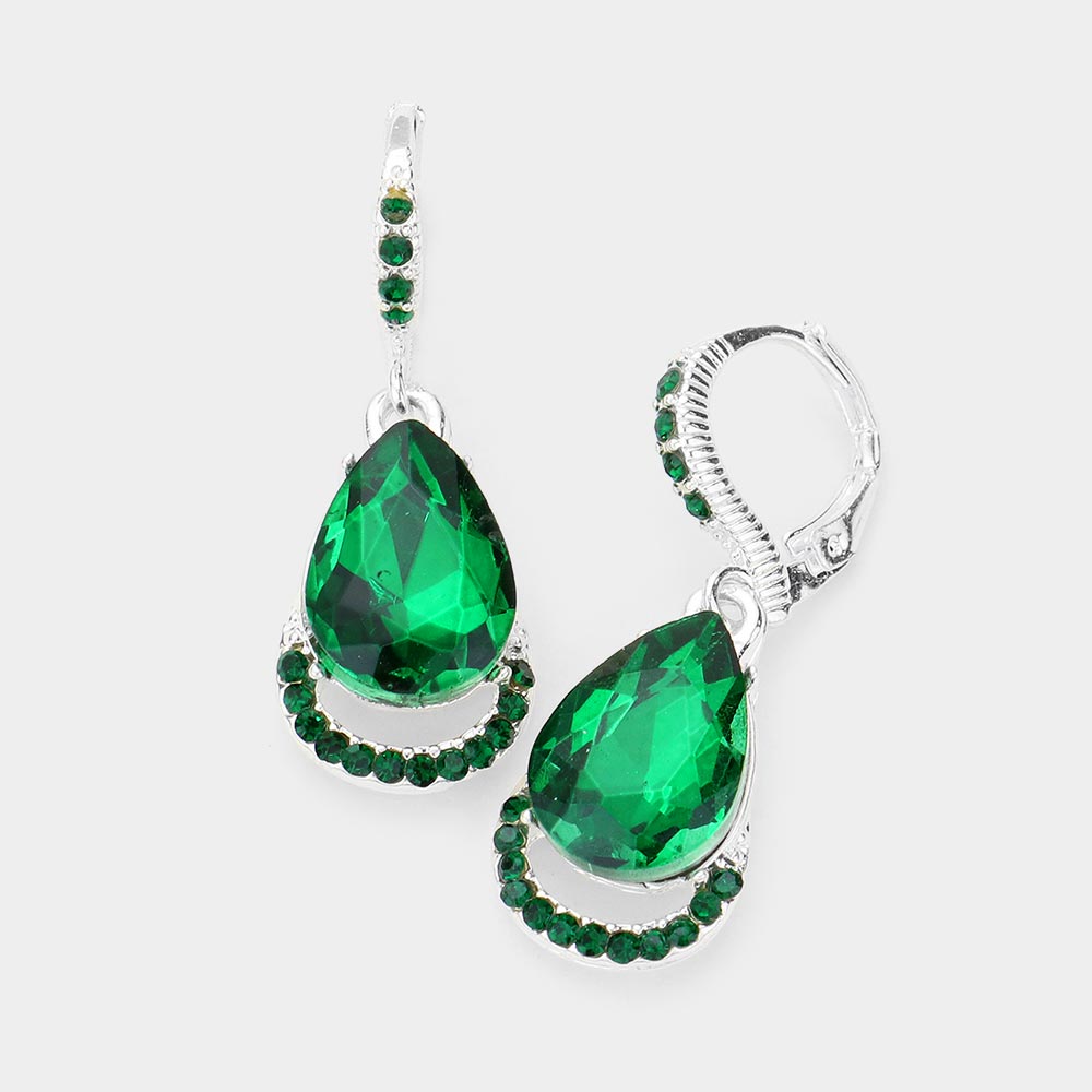 Emerald Teardrop Stone Dangle Lever Back Evening Earrings