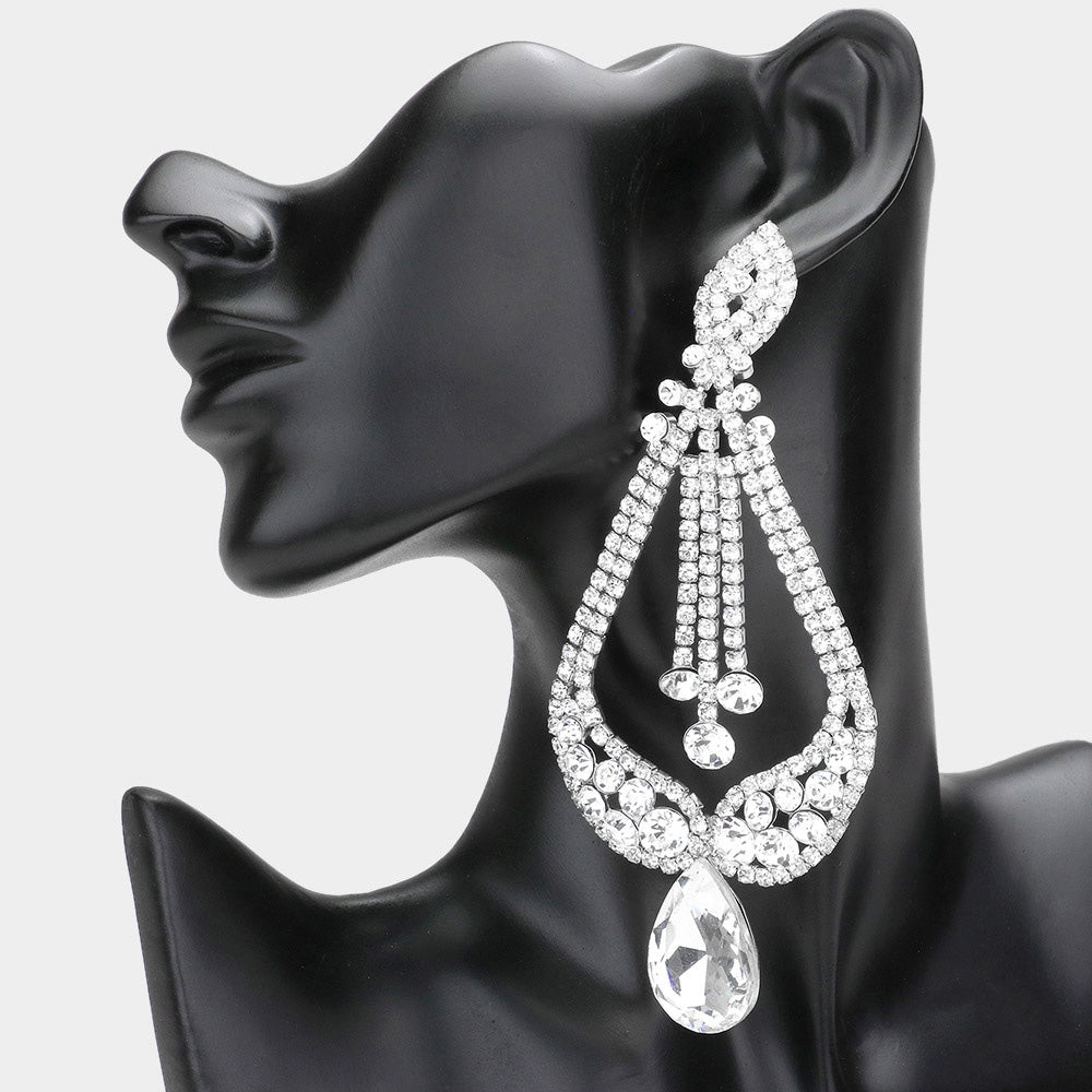 Silver Oversized Pave Glass Teardrop Chandelier Evening Earrings