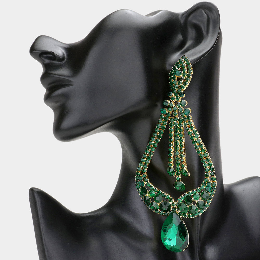 Oversized Pave Glass Teardrop Chandelier Evening Earrings