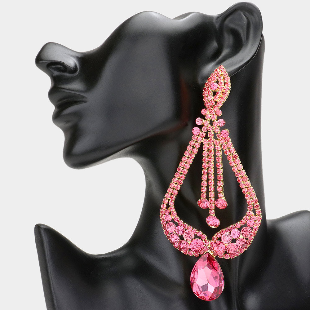 Pink Oversized Pave Glass Teardrop Chandelier Evening Earrings