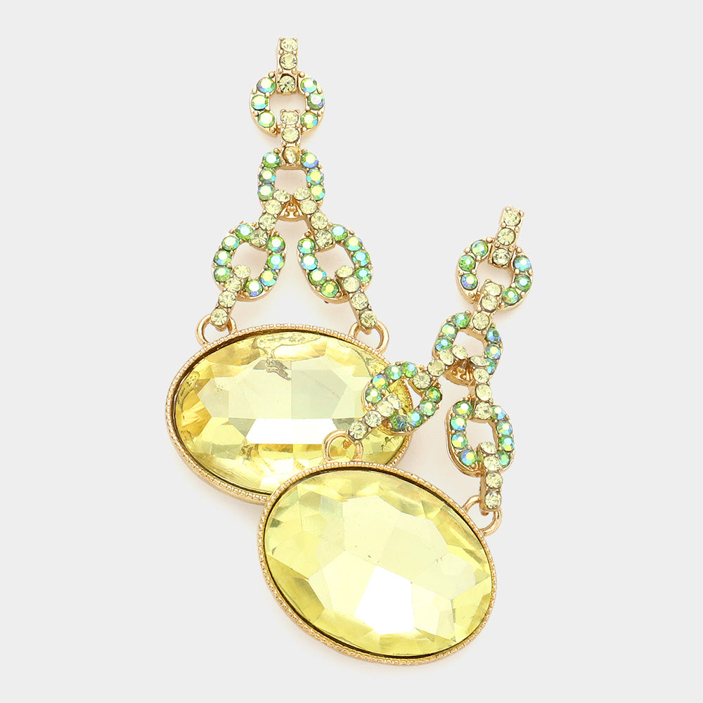 Yellow Oval Rhinestone Ornate Evening Earrings