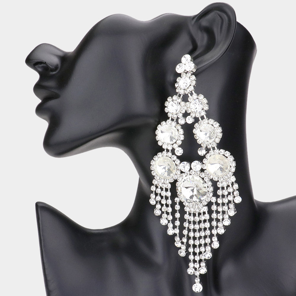 Silver Oversized Pave Stone Fringe Chandelier Evening Earrings