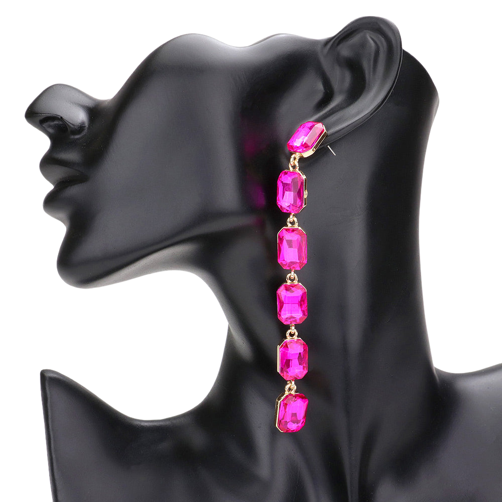 Fuchsia Emerald Cut Stone Link Dangle Evening Earrings