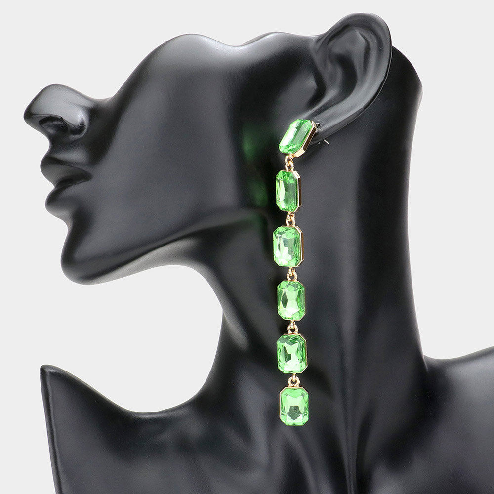 Green Emerald Cut Stone Link Dangle Evening Earrings