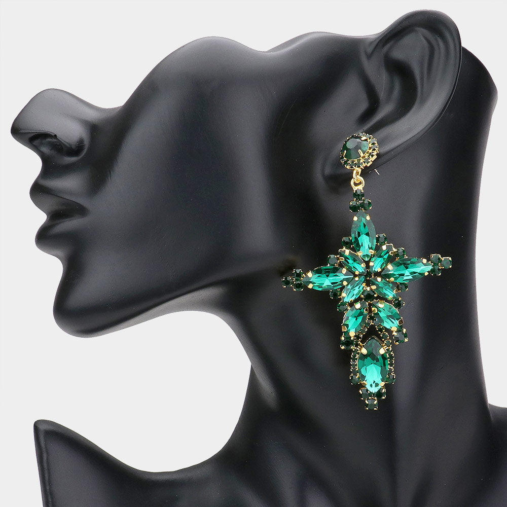 Emerald Marquise Stone Cluster Cross Dangle Evening Earrings