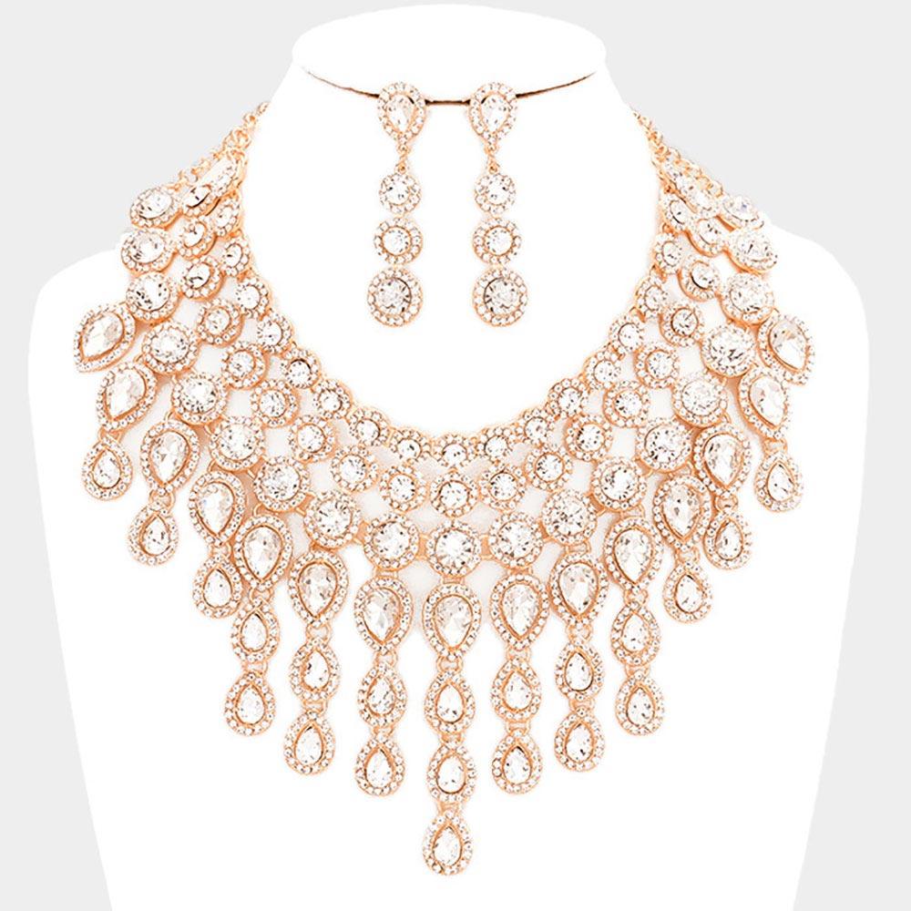 Rose Gold Round Teardrop Stone Cluster Evening Bib Necklace