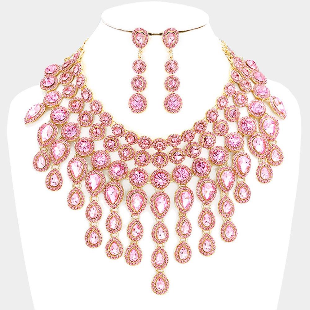 Pink Round Teardrop Stone Cluster Evening Bib Necklace