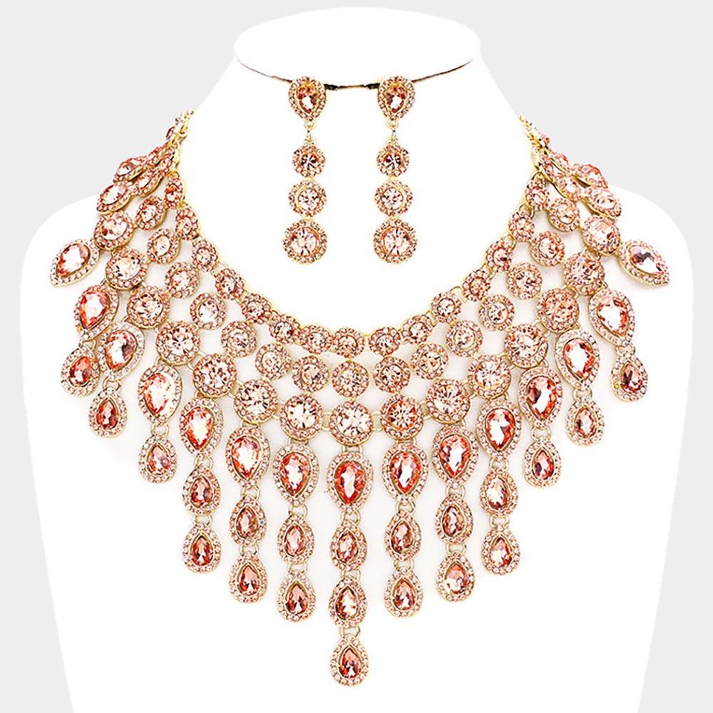 Peach Round Teardrop Stone Cluster Evening Bib Necklace