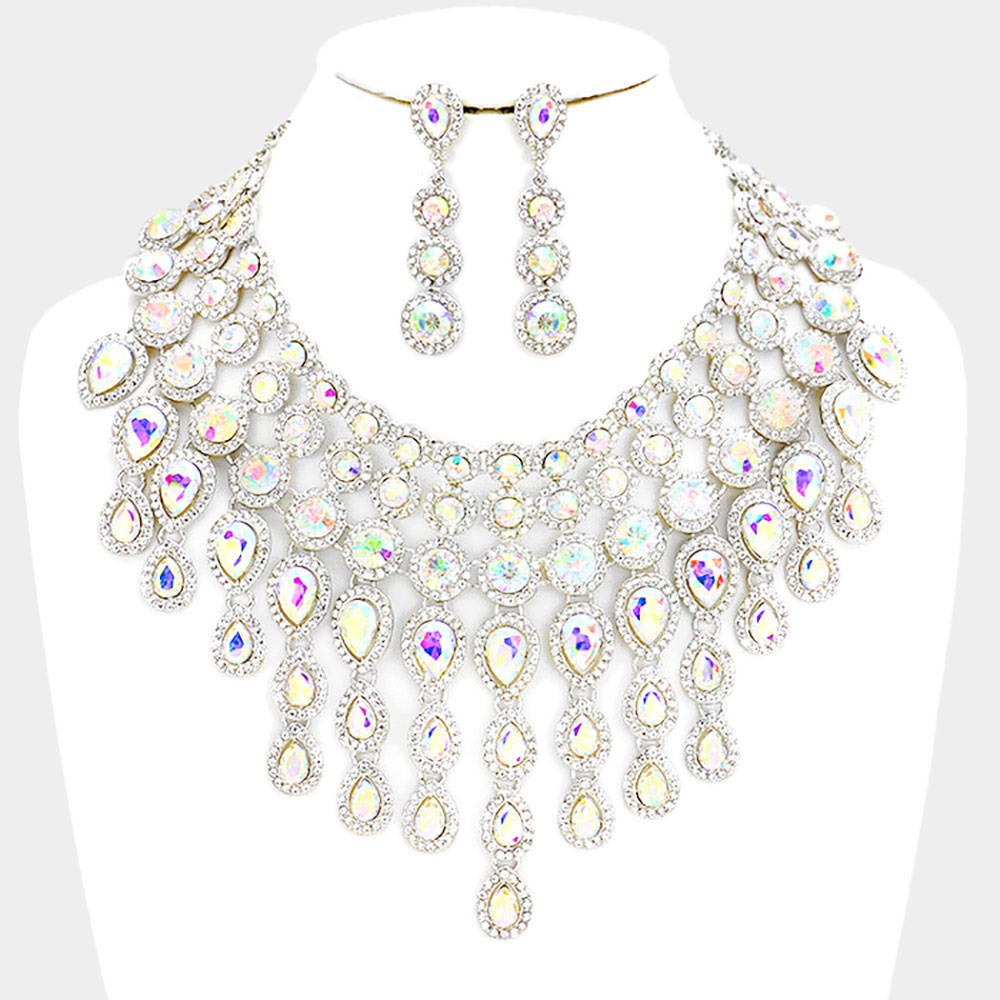 Silver Round Teardrop Stone Cluster Evening Bib Necklace