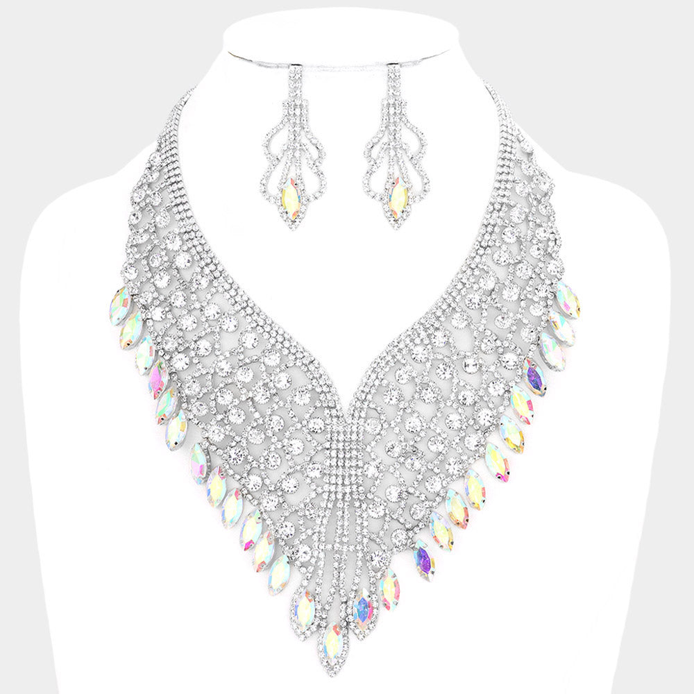 Silver Round Marquise Stone Cluster Evening Bib Necklace