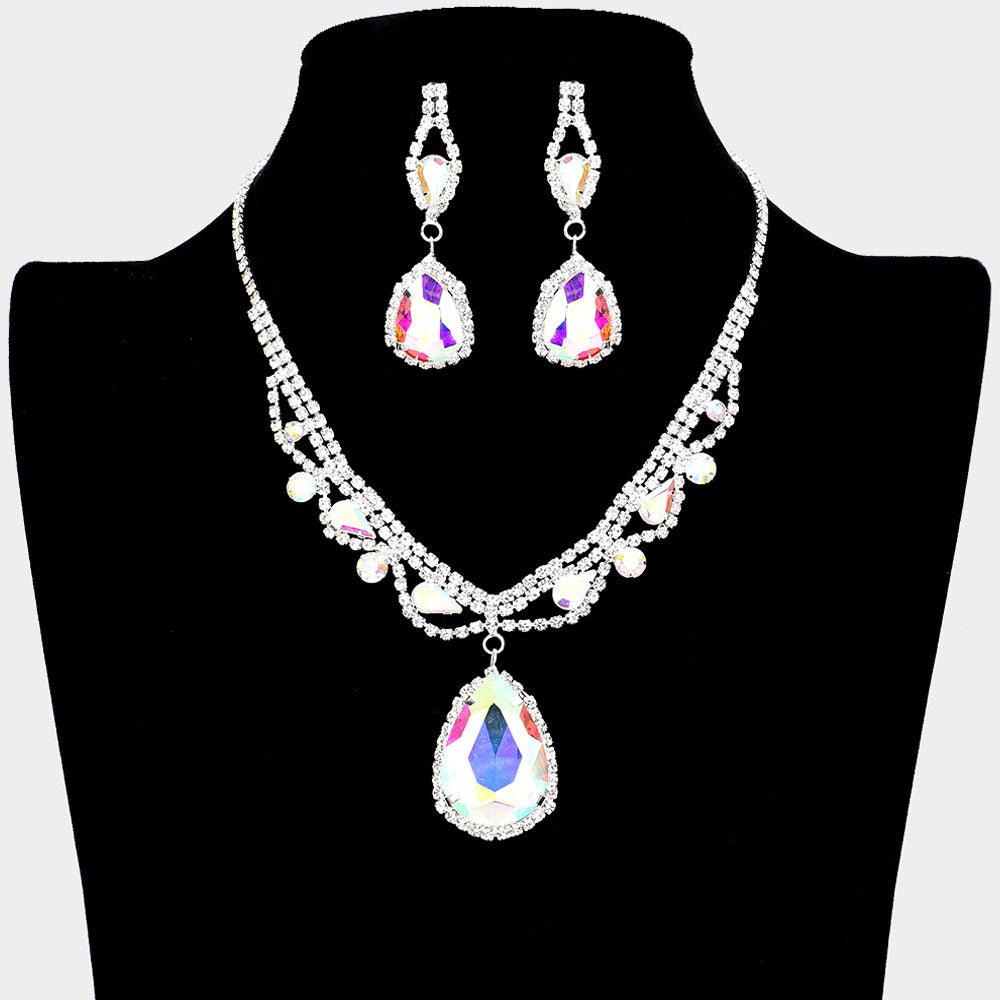 Silver Teardrop Crystal Rhinestone Collar Evening Necklace