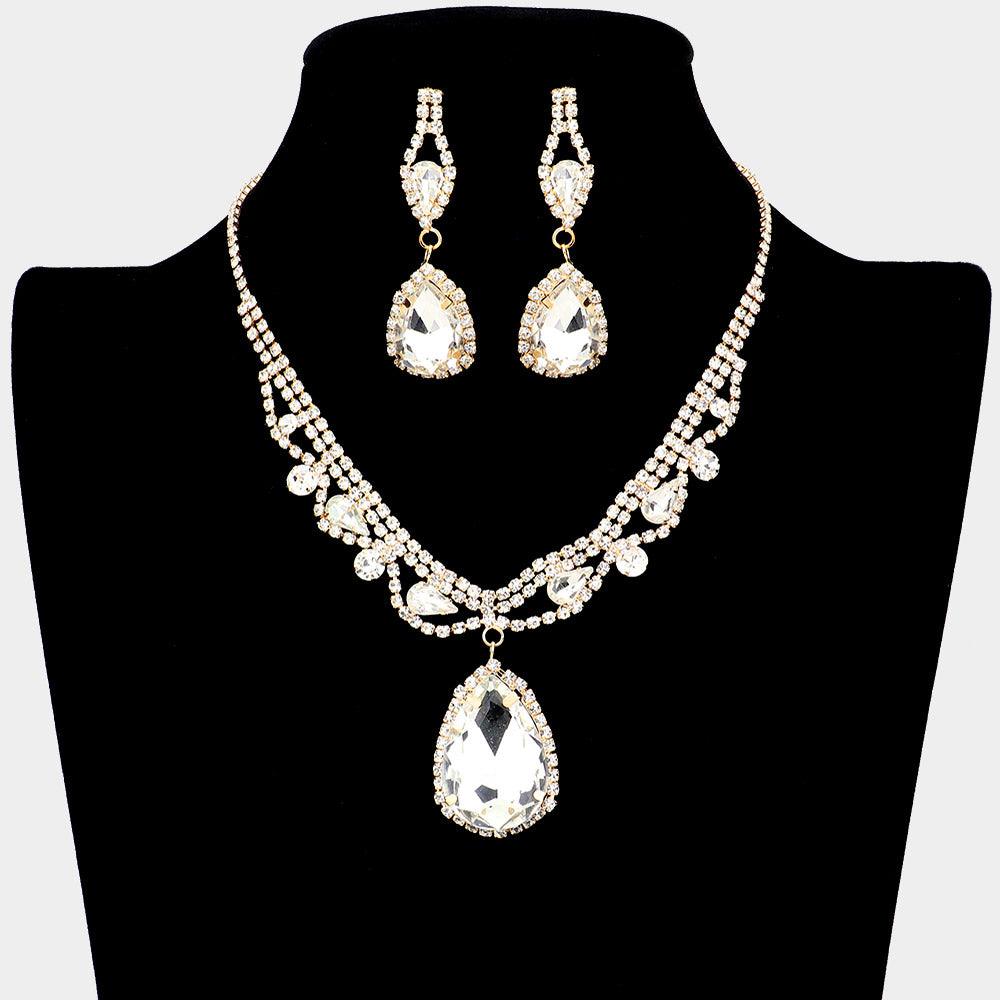 Gold Teardrop Crystal Rhinestone Collar Evening Necklace