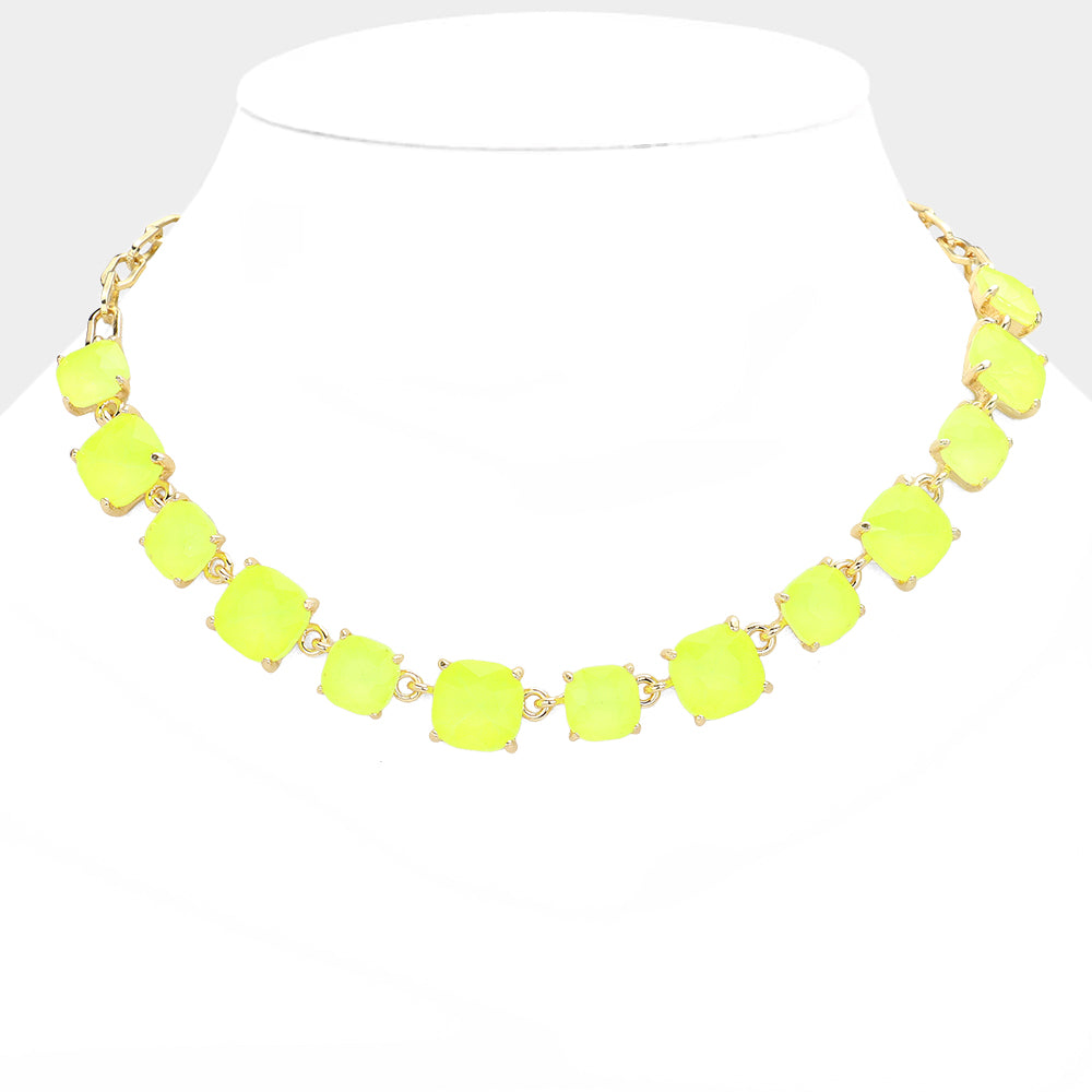 Yellow Cushion Square Stone Link Evening Necklace