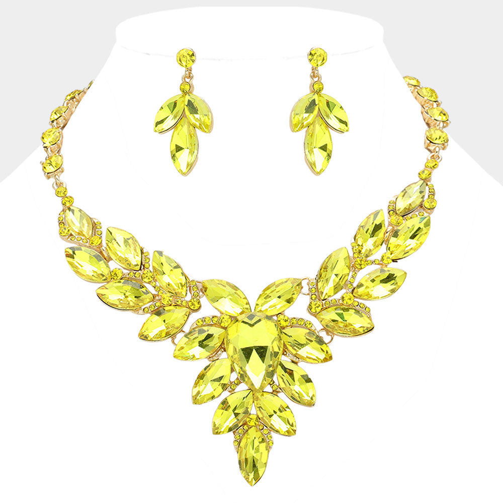 Yellow Teardrop Center Marquise Stone Cluster Evening Necklace