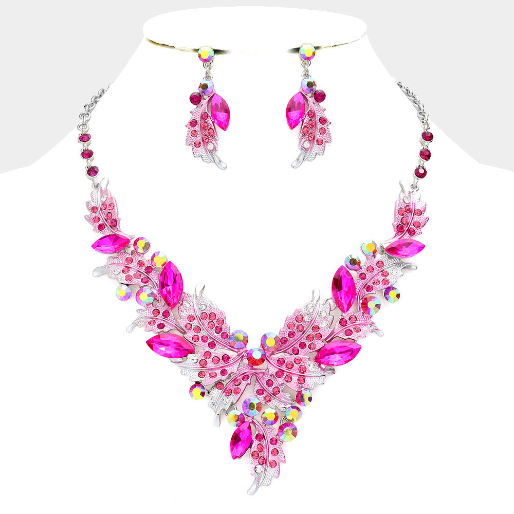 Fuchsia Marquise Stone Cluster Leaf Embellished Evening Necklace Rhinestone Paved