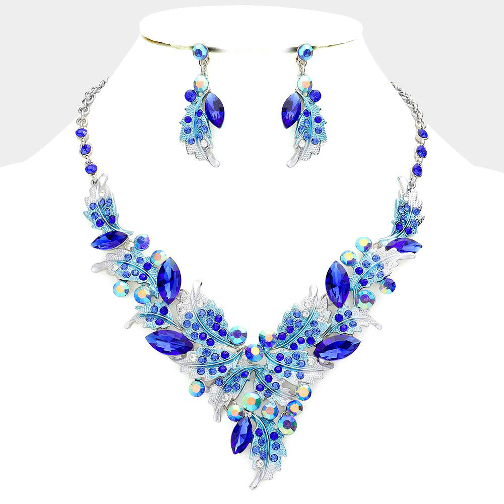 Blue Marquise Stone Cluster Leaf Embellished Evening Necklace Rhinestone Paved