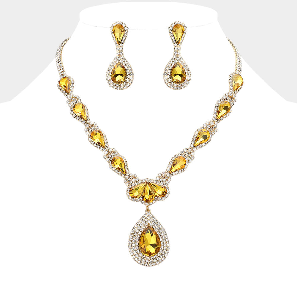 Yellow Teardrop Stone Cluster Pendant Pointed Teardrop Stone Cluster Link Evening Necklace