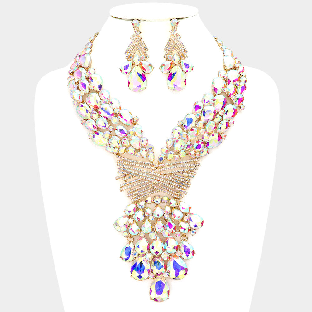 Gold Teardrop Round Stone Embellished Statement Evening Necklace