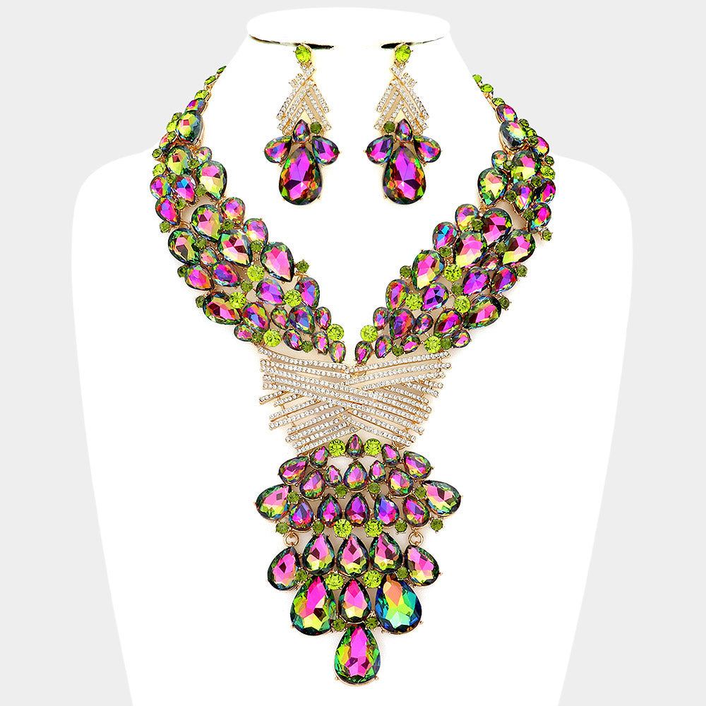 Gold Teardrop Round Stone Embellished Statement Evening Necklace