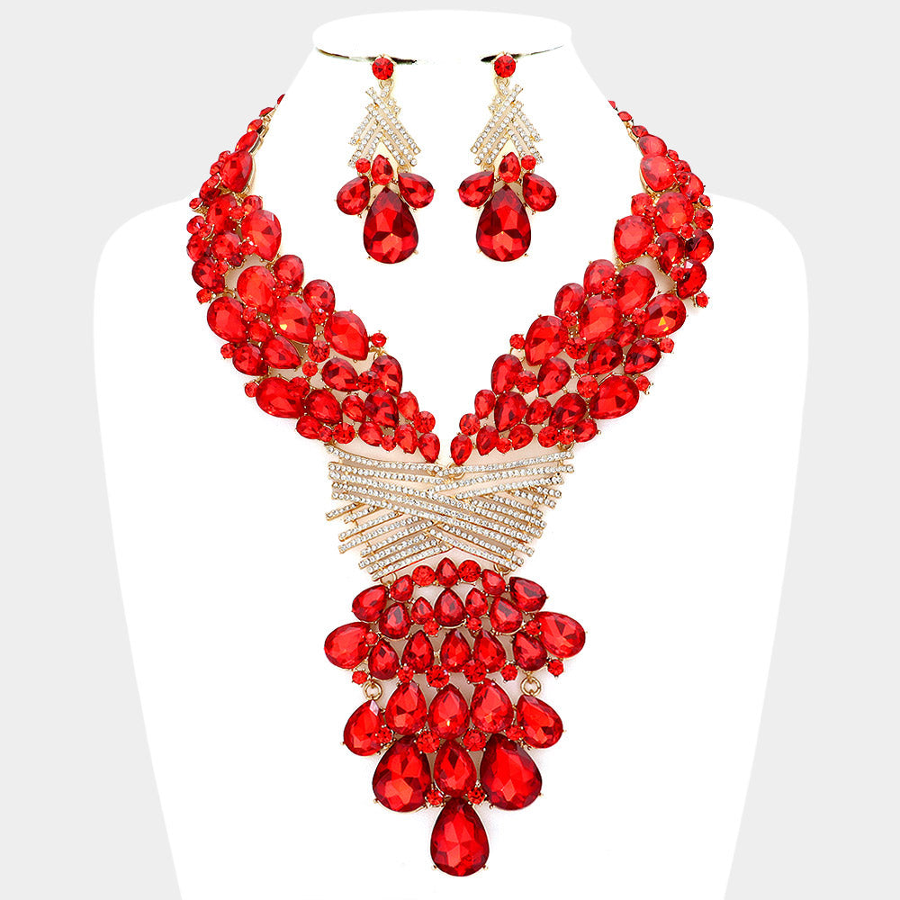 Red Teardrop Round Stone Embellished Statement Evening Necklace