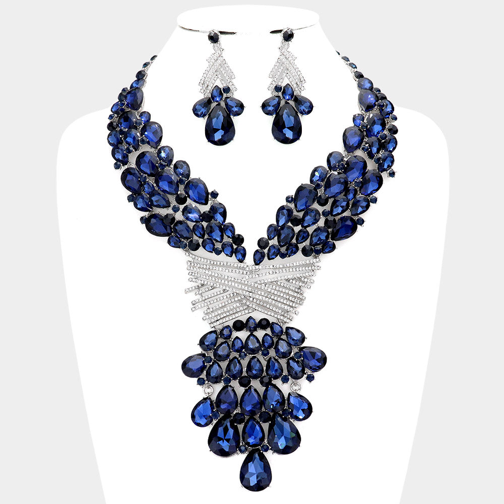 Teardrop Round Stone Embellished Statement Evening Necklace