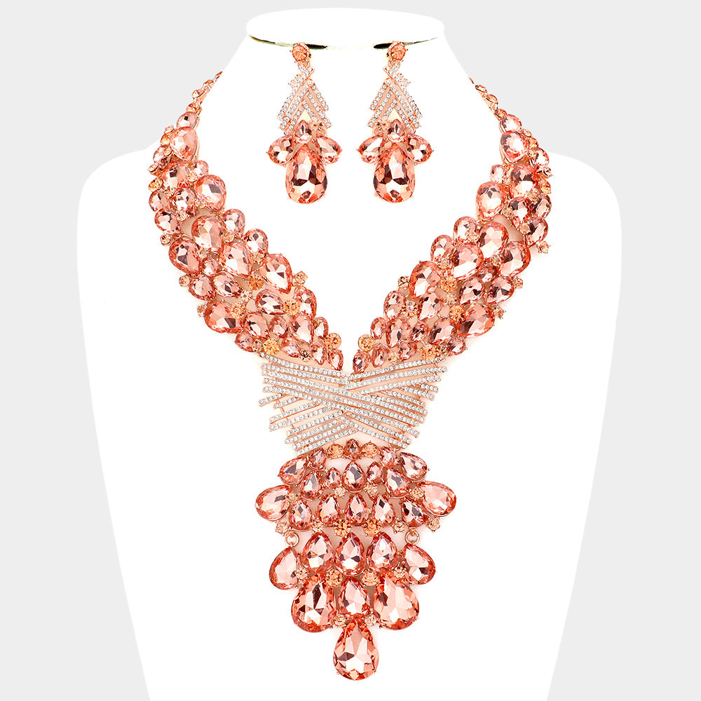 Peach Teardrop Round Stone Embellished Statement Evening Necklace