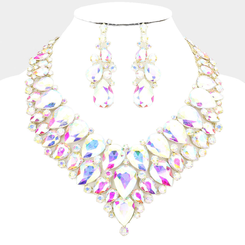 Gold Teardrop Cluster Rhinestone Collar Necklace