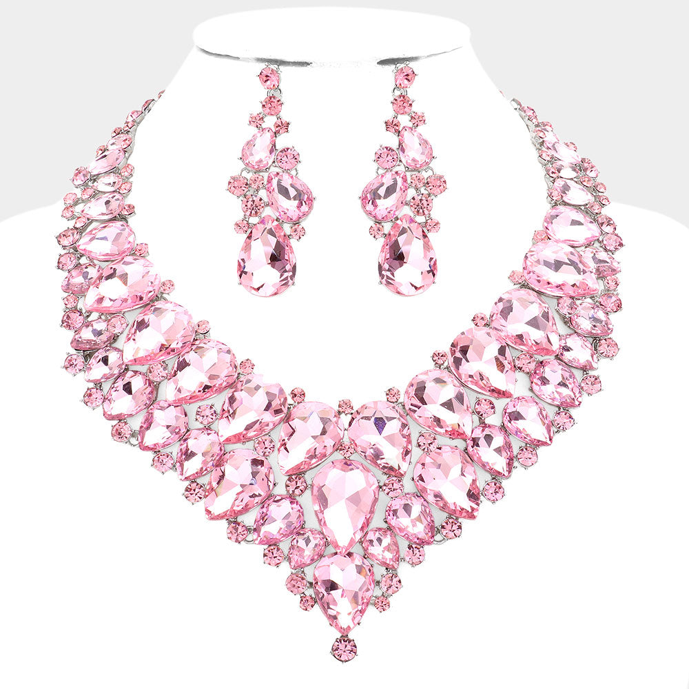 Pink Teardrop Cluster Rhinestone Collar Necklace