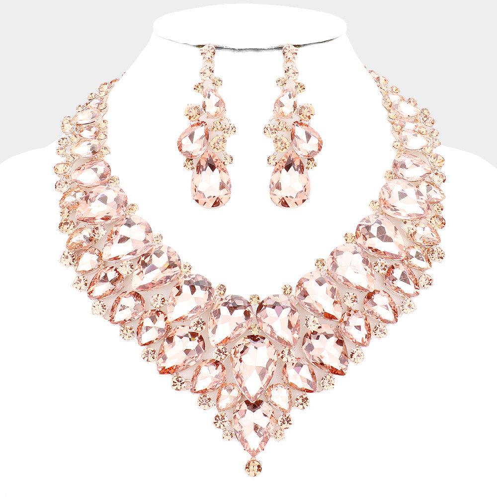 Peach Teardrop Cluster Rhinestone Collar Necklace