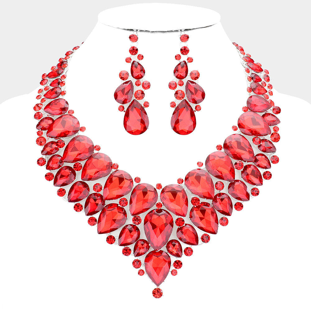 Red Teardrop Cluster Rhinestone Collar Necklace