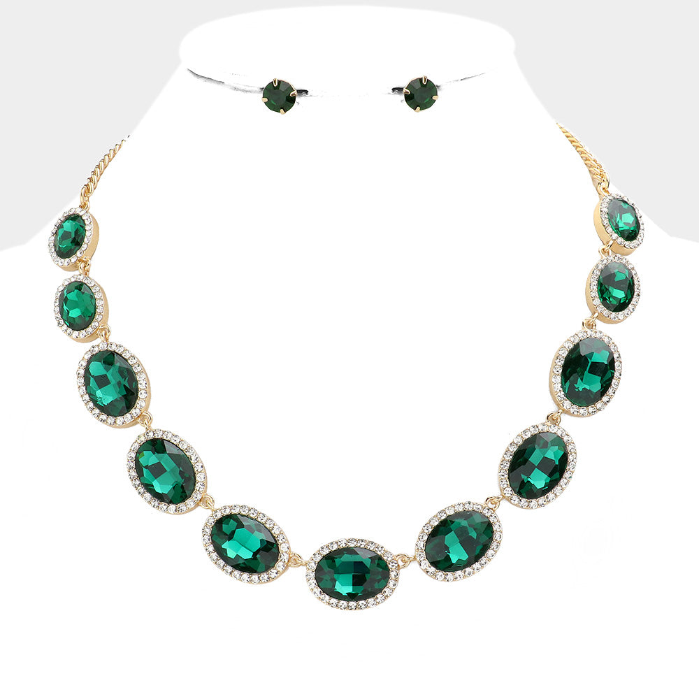 Emerald Oval Stone Link Evening Necklace