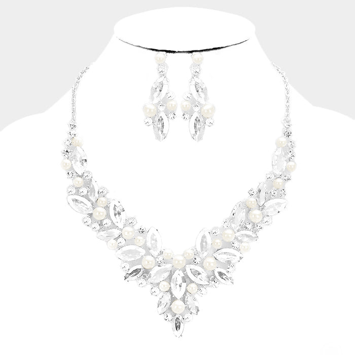White Glass Crystal with Pearl Statement Evening Necklace