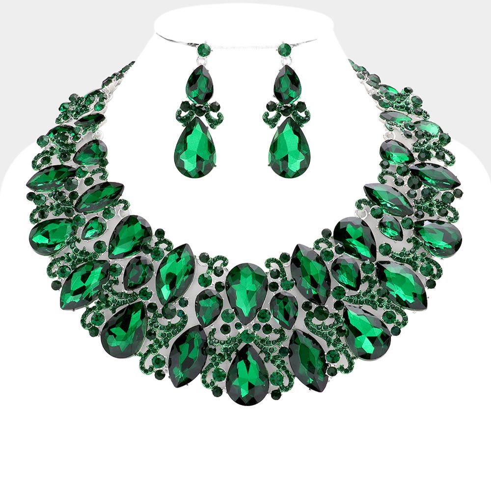 Emerald Marquise Teardrop Stone Accented Evening Necklace