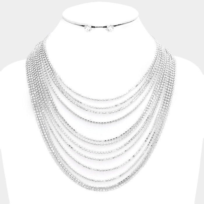 Silver Multi Layered Rhinestone Bib Evening Necklace