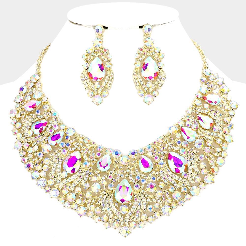 Gold Teardrop Stone Accented Collar Evening Necklace