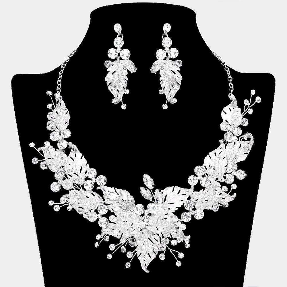 White Stone Bead Embellished Leaf Vine Evening Necklace