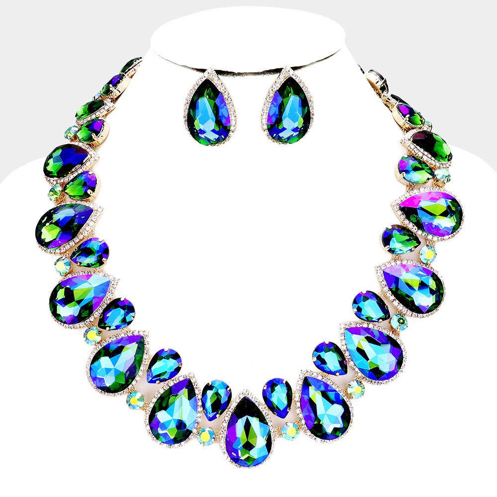 Green Crystal Rhinestone Trim Teardrop Collar Evening Necklace