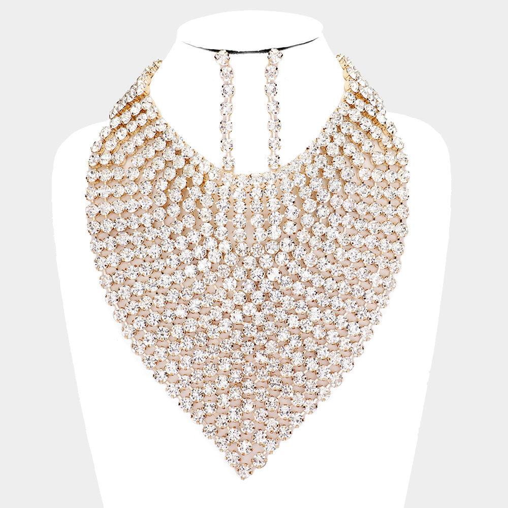 Gold Round Stone Statement Bib Evening Necklace